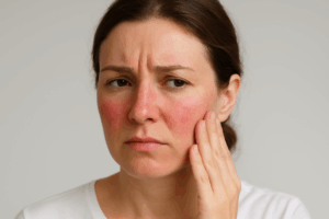 Femme présentant une irritation du visage avec rougeurs sur les joues et le nez