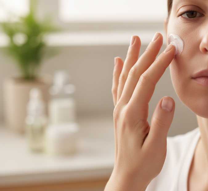 Irritation visage : gros plan sur une main appliquant délicatement une crème apaisante sur une joue avec une légère rougeur, illustrant des conseils de soulagement pour la peau sensible.